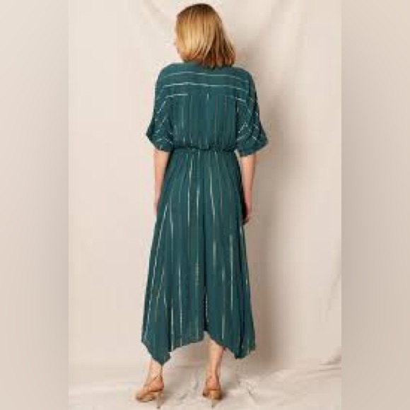 En Crème Sabrina Lurex Kimono Teal Maxi Dress with Silver Stripes -  M - Picture 3 of 10
